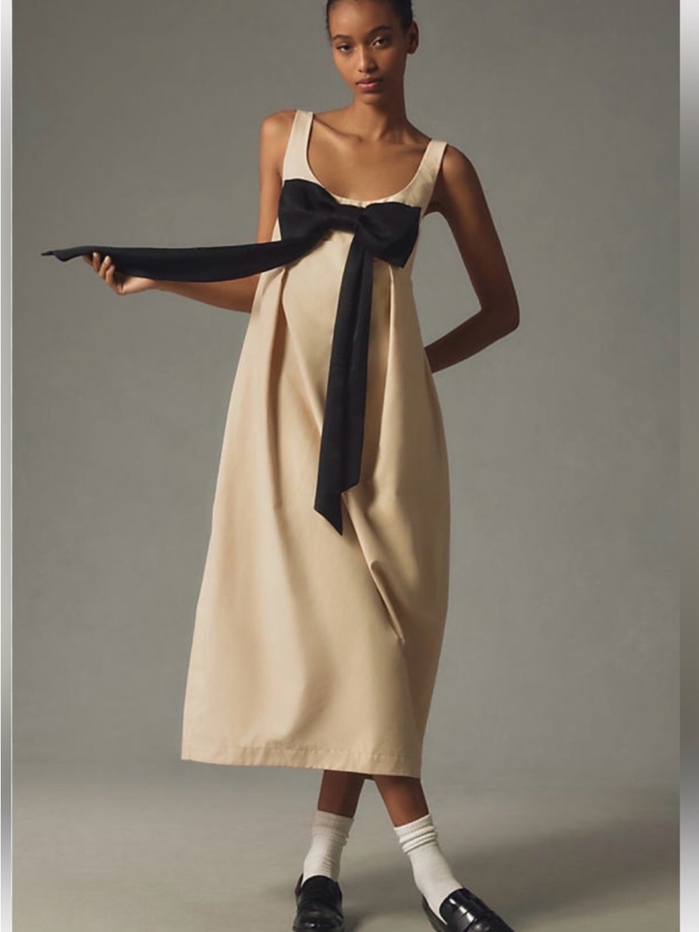 Maeve Cream Midi Dress with Black Bow